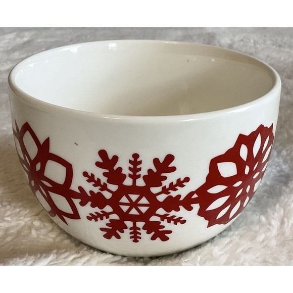 Crate & Barrel Nesting Bowls Red White Christmas Sayings/Snowflake Set of 3 EUC - Picture 2 of 6